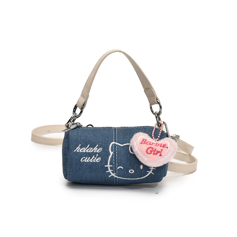 Denim macskás hengeres válltáska cipzárral, poliészter bélés, egy vállpánt, mindennapi használatra