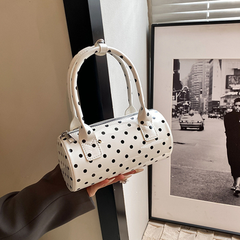 Ženska cilindrična satchel torba – točkasti uzorak, PU materijal, zatvarač, poliester podstava, unutarnji džepovi (zip, džep za mobitel, ID džep) – Boston stil
