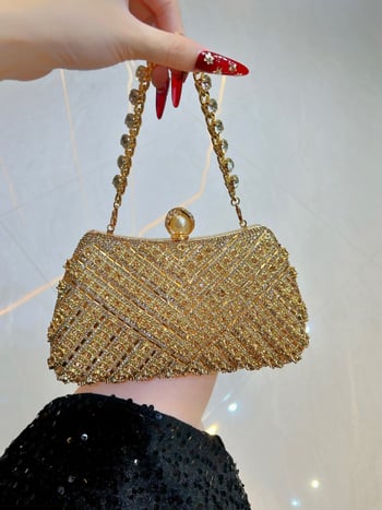 Чанта за ръка с кристални украси, полиестерен материал, кофообразна форма, верижна презрамка, закопчаване с катарама