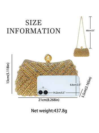 Чанта за ръка с кристални украси, полиестерен материал, кофообразна форма, верижна презрамка, закопчаване с катарама