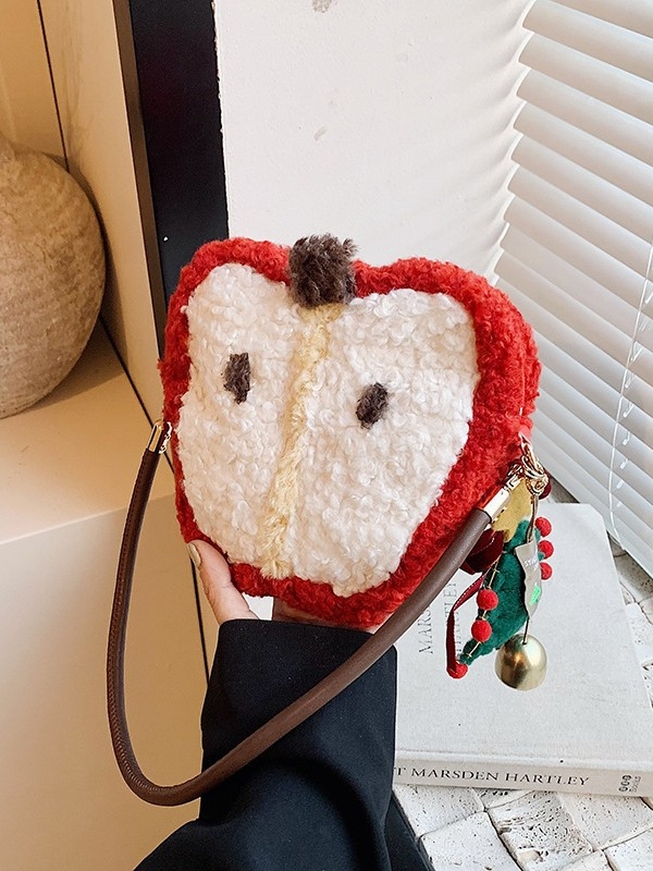 Női plüss táska alma motívummal – friss és édes stílus (plüss anyag, ovális forma, cipzár, belső ID rekesz)