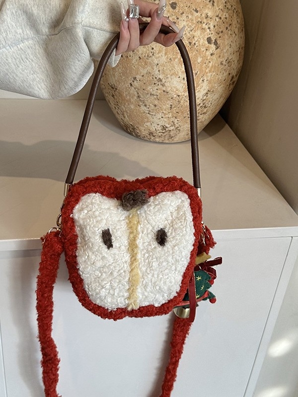 Női plüss táska alma motívummal – friss és édes stílus (plüss anyag, ovális forma, cipzár, belső ID rekesz)