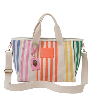 Geantă de umăr cu dungi, capacitate mare, material textil, închidere cu fermoar, căptușeală din poliester, formă orizontală pătrată, curea simplă, buzunare interne pentru telefon și ID