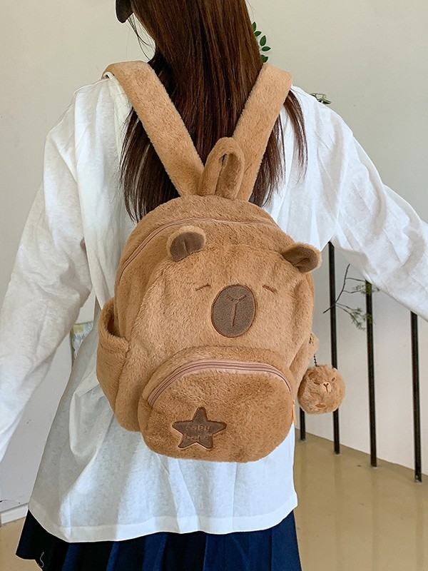 Capybara plišani crossbody ruksak, dječji crtani stil, baršunasti materijal, uspravni kvadratni oblik, zatvaranje zatvaračem, laminirani unutarnji džep