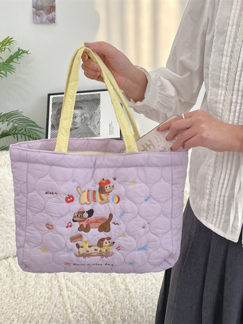 Kutya hímzett tote táska – utcai trend, poliészter, poplin belső, vízszintes négyszög alak, dupla fogantyú