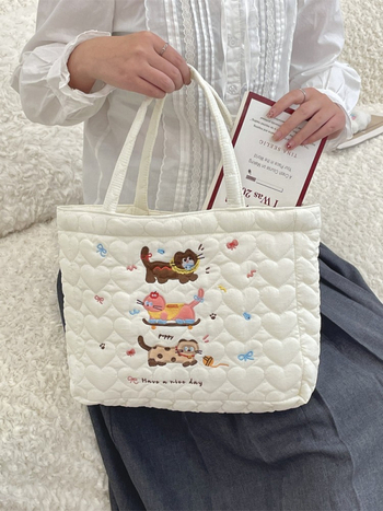 Kutya hímzett tote táska – utcai trend, poliészter, poplin belső, vízszintes négyszög alak, dupla fogantyú