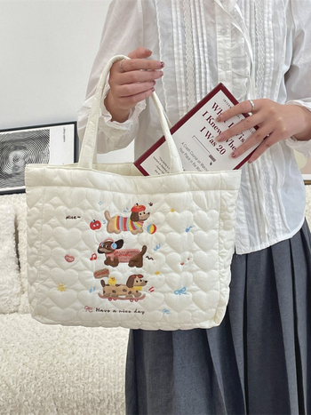 Kutya hímzett tote táska – utcai trend, poliészter, poplin belső, vízszintes négyszög alak, dupla fogantyú