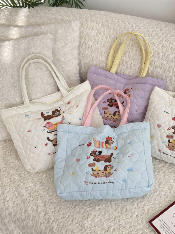 Kutya hímzett tote táska – utcai trend, poliészter, poplin belső, vízszintes négyszög alak, dupla fogantyú