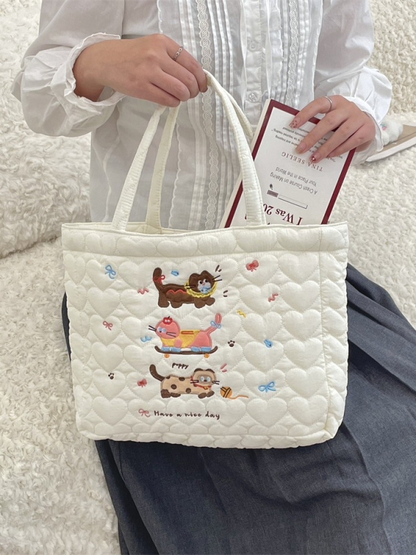 Kutya hímzett tote táska – utcai trend, poliészter, poplin belső, vízszintes négyszög alak, dupla fogantyú