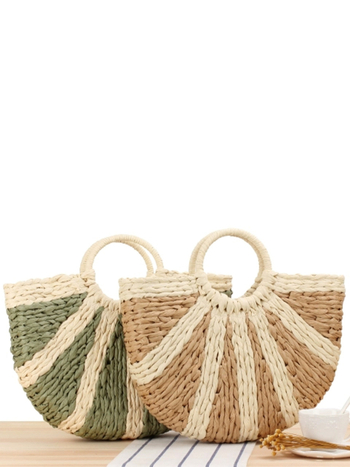 Geantă de mână din sfoară de hârtie, formă rotundă, închidere cu șnur, căptușeală din poliester, bretele duble