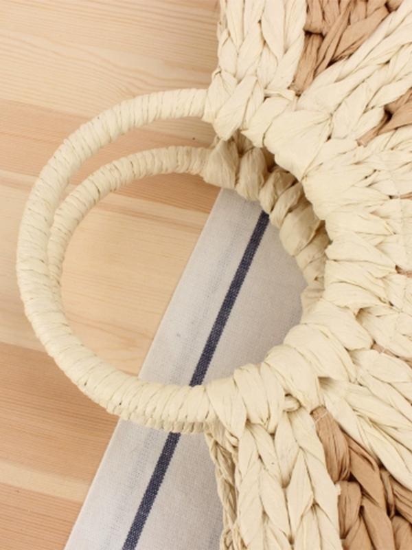 Geantă de mână din sfoară de hârtie, formă rotundă, închidere cu șnur, căptușeală din poliester, bretele duble