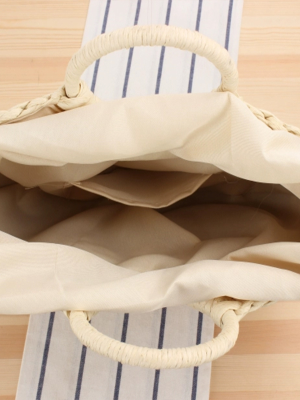 Geantă de mână din sfoară de hârtie, formă rotundă, închidere cu șnur, căptușeală din poliester, bretele duble