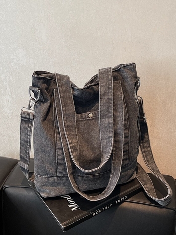 Denim tote torba, vertikalni kvadratni oblik, zatvaranje zipom, unutarnji džep sa zipom, gradski stil