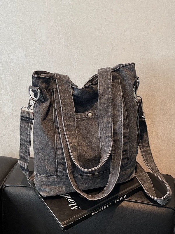 Denim tote torba, vertikalni kvadratni oblik, zatvaranje zipom, unutarnji džep sa zipom, gradski stil