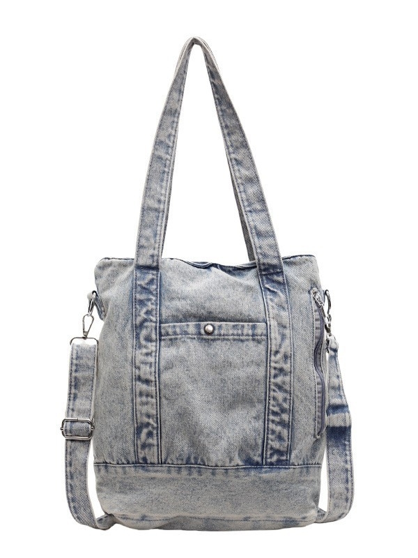 Denim tote torba, vertikalni kvadratni oblik, zatvaranje zipom, unutarnji džep sa zipom, gradski stil