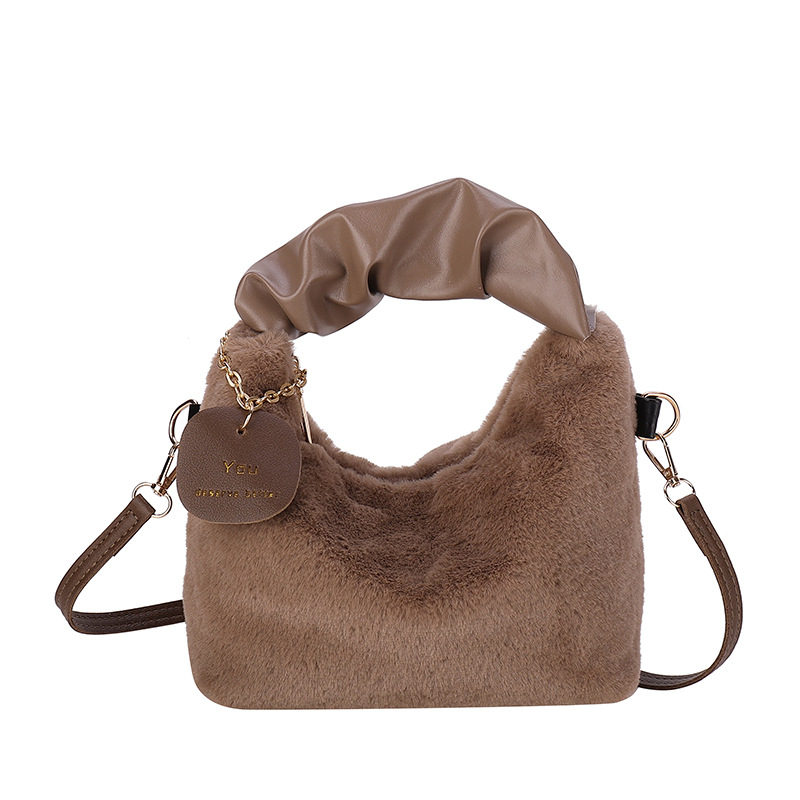 Plišana mala kvadratna crossbody torbica s kožnim detaljima, zatvaranje zipom, unutarnja džep, s jednom naramenicom