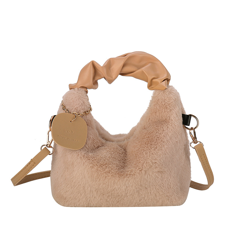 Plišana mala kvadratna crossbody torbica s kožnim detaljima, zatvaranje zipom, unutarnja džep, s jednom naramenicom