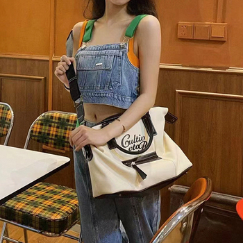 Canvas tote torba sa street-trend stilom, bucket oblik, zatvarač, unutarnji džep za ID