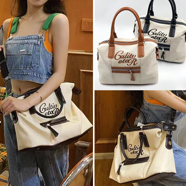 Canvas tote torba sa street-trend stilom, bucket oblik, zatvarač, unutarnji džep za ID