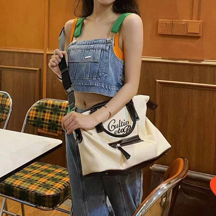 Canvas tote torba sa street-trend stilom, bucket oblik, zatvarač, unutarnji džep za ID