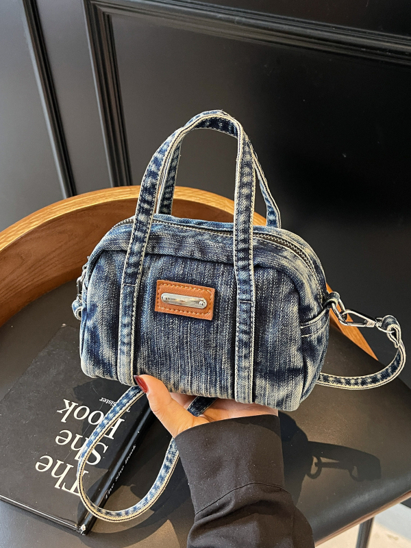 Τσάντα crossbody από denim, μικρό τετράγωνο σχήμα, φερμουάρ, μονός ιμάντας, επένδυση πολυεστέρα