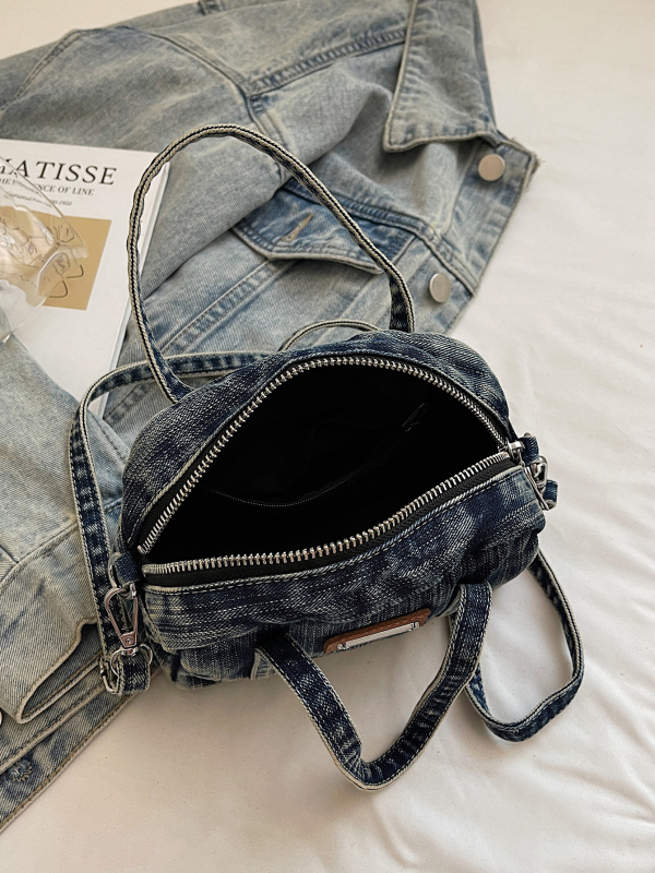 Τσάντα crossbody από denim, μικρό τετράγωνο σχήμα, φερμουάρ, μονός ιμάντας, επένδυση πολυεστέρα