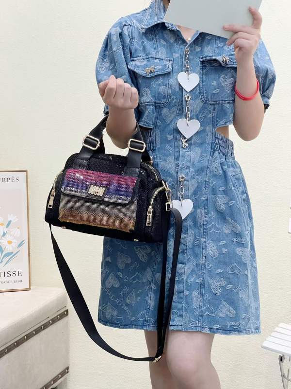 Ženska torba od najlona s dijamantnim ukrasom, tote stil, dvostruka naramenica i crossbody, trodimenzionalni vanjski dizajn, zatvarač, unutarnji džepovi