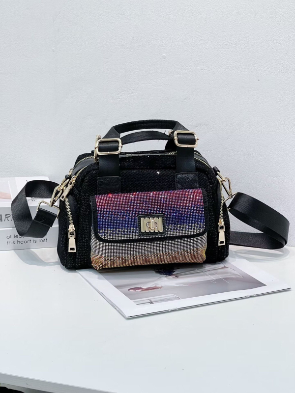 Ženska torba od najlona s dijamantnim ukrasom, tote stil, dvostruka naramenica i crossbody, trodimenzionalni vanjski dizajn, zatvarač, unutarnji džepovi