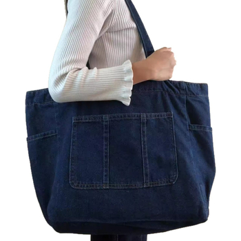 Forest Style Denim Tote táska, mindennapi válltáska, cipzáras zárás, rejtett cipzáras zseb, dupla vállpántok, puha konstrukció