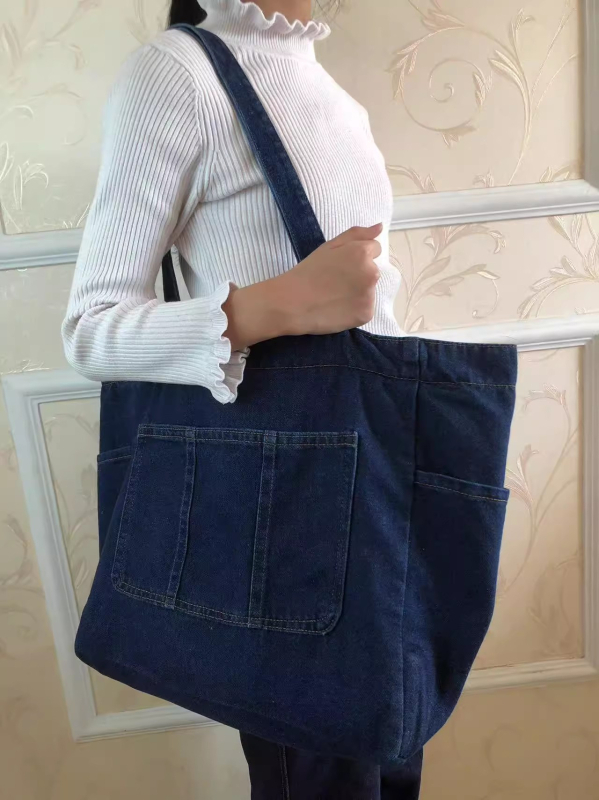 Forest Style Denim Tote táska, mindennapi válltáska, cipzáras zárás, rejtett cipzáras zseb, dupla vállpántok, puha konstrukció