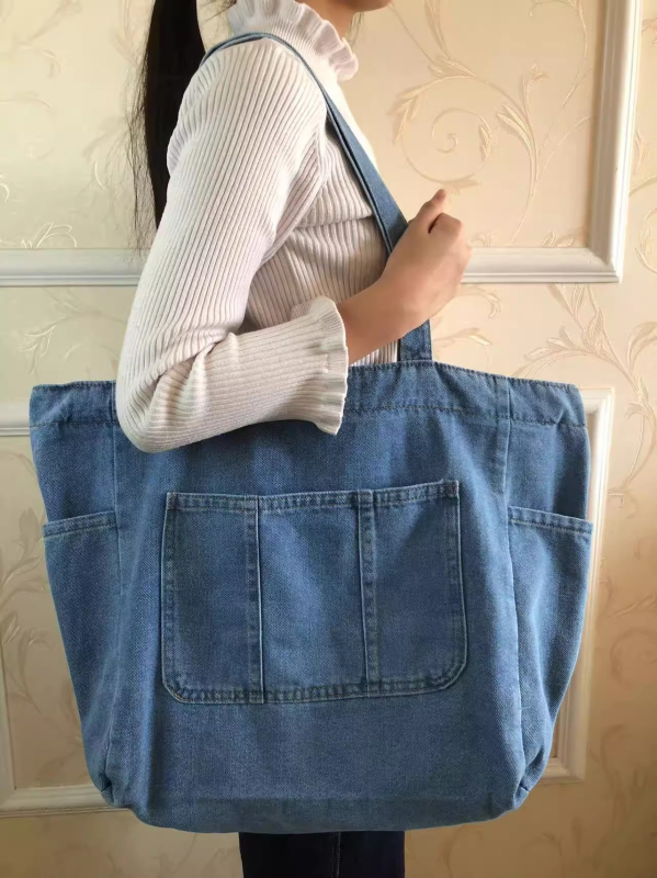 Forest Style Denim Tote táska, mindennapi válltáska, cipzáras zárás, rejtett cipzáras zseb, dupla vállpántok, puha konstrukció