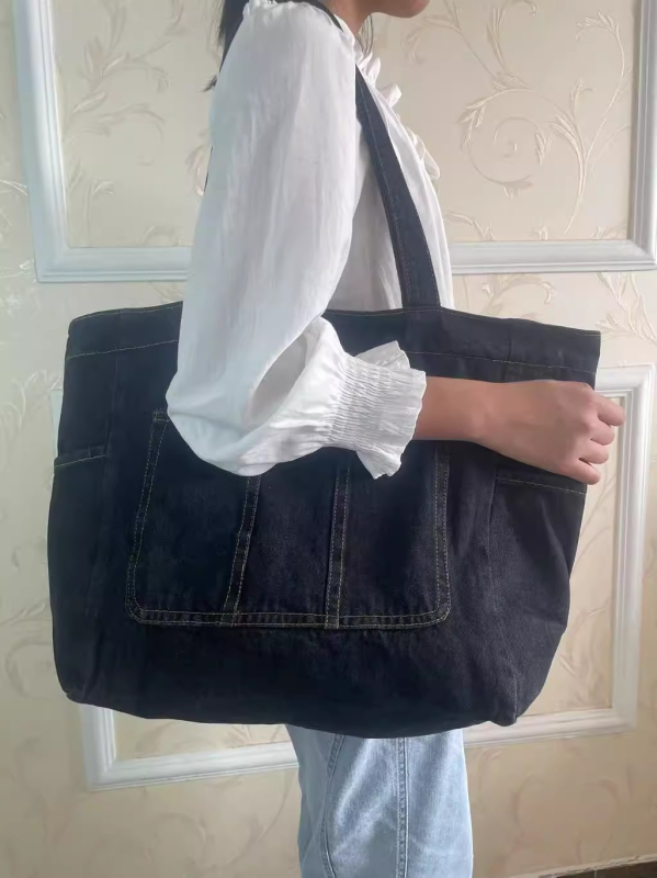 Forest Style Denim Tote táska, mindennapi válltáska, cipzáras zárás, rejtett cipzáras zseb, dupla vállpántok, puha konstrukció