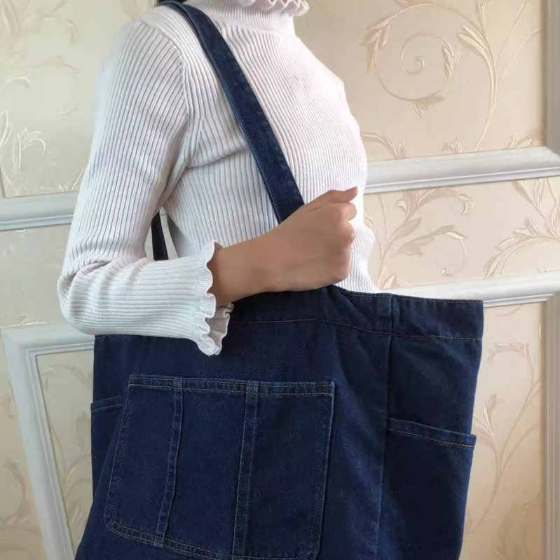 Forest Style Denim Tote táska, mindennapi válltáska, cipzáras zárás, rejtett cipzáras zseb, dupla vállpántok, puha konstrukció