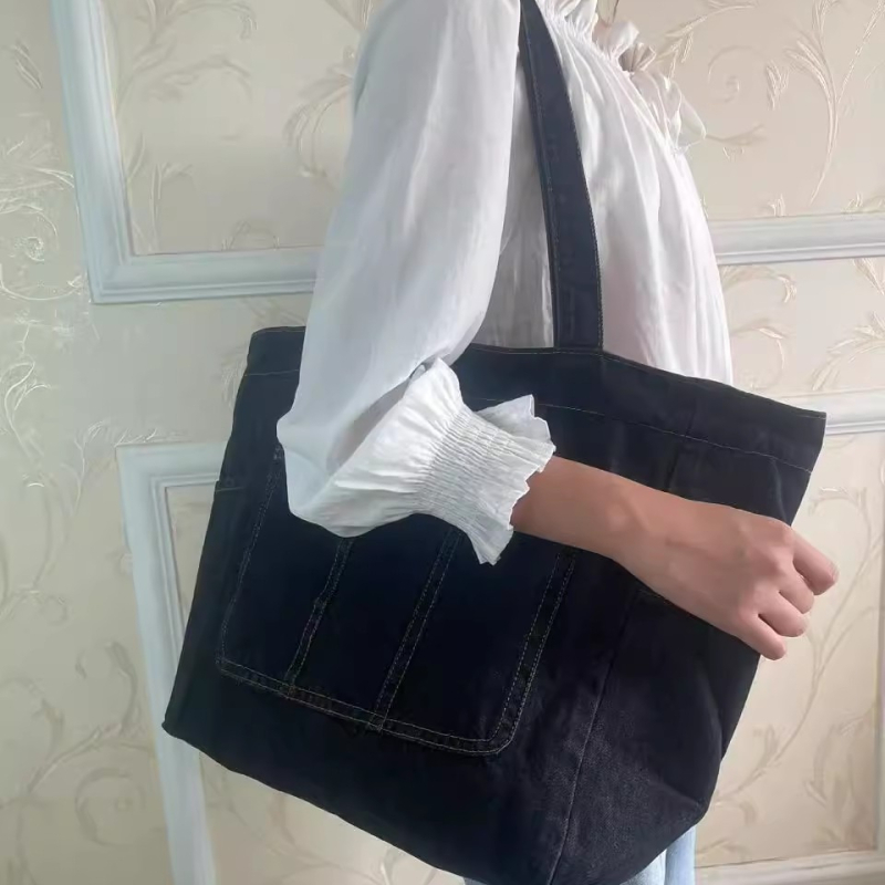 Forest Style Denim Tote táska, mindennapi válltáska, cipzáras zárás, rejtett cipzáras zseb, dupla vállpántok, puha konstrukció