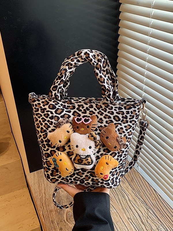 Ženska velur bucket torba s leopard printom i motivom mačje lutke, magnetsko zatvaranje, džep za telefon, zima 2025