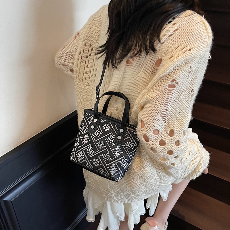 Τσάντα κουβά PU με εθνικό μοτίβ Wanji, φερμουάρ, θήκη για κινητό