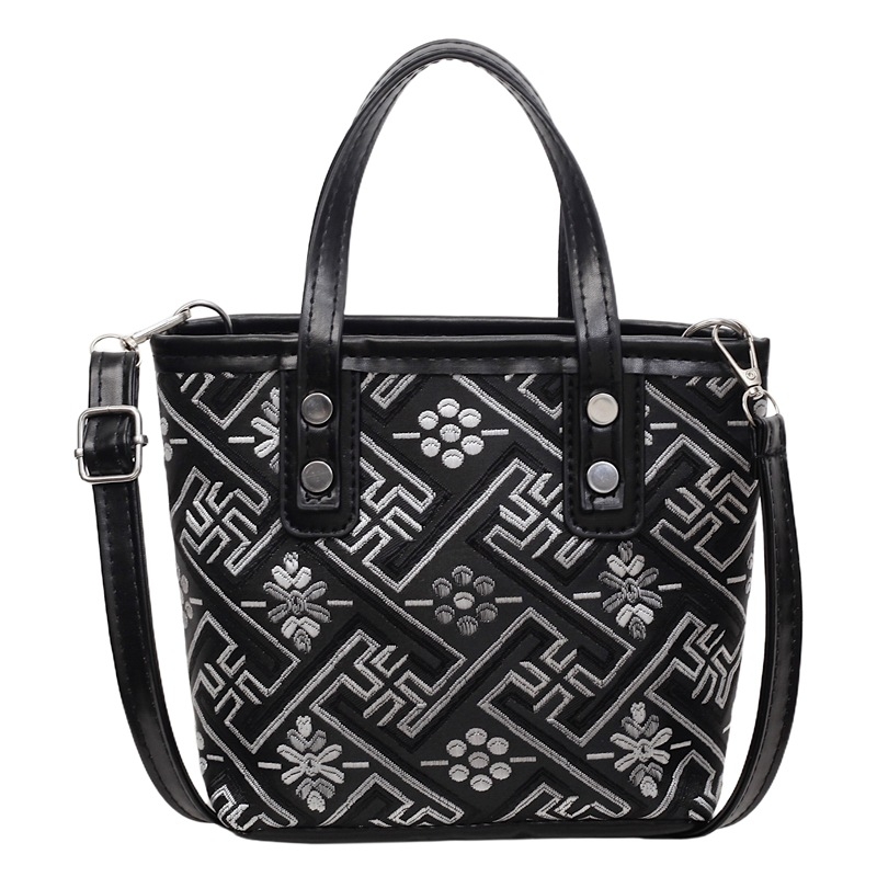 Τσάντα κουβά PU με εθνικό μοτίβ Wanji, φερμουάρ, θήκη για κινητό