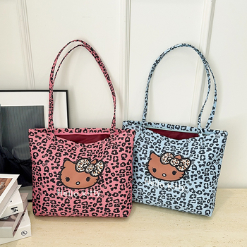 Platnena tote torba s prints mačkice i leopard uzorak, za rame, zatvarač, podstava od poliestera
