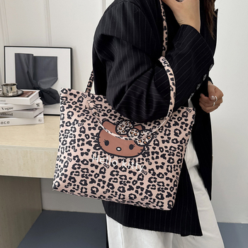 Platnena tote torba s prints mačkice i leopard uzorak, za rame, zatvarač, podstava od poliestera