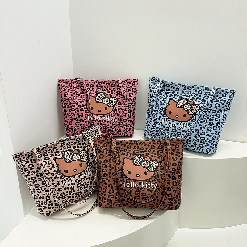 Platnena tote torba s prints mačkice i leopard uzorak, za rame, zatvarač, podstava od poliestera