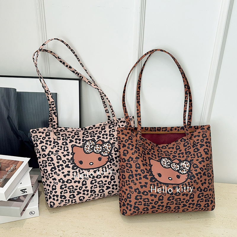 Platnena tote torba s prints mačkice i leopard uzorak, za rame, zatvarač, podstava od poliestera