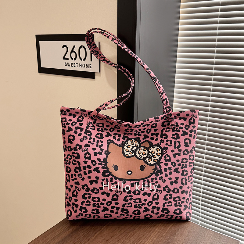 Platnena tote torba s prints mačkice i leopard uzorak, za rame, zatvarač, podstava od poliestera