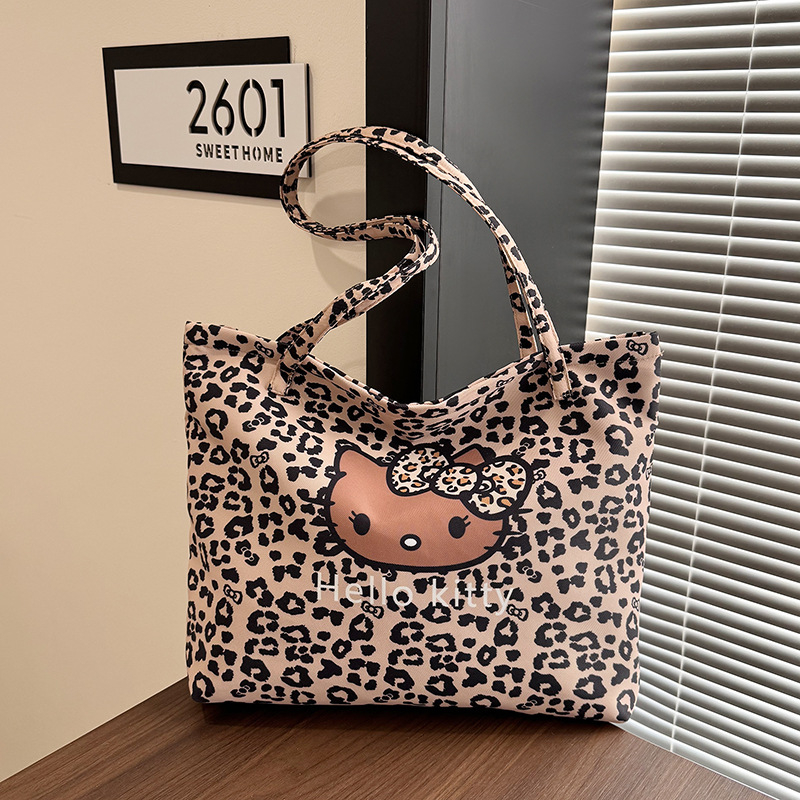 Platnena tote torba s prints mačkice i leopard uzorak, za rame, zatvarač, podstava od poliestera