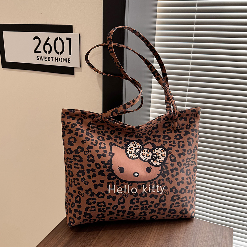 Platnena tote torba s prints mačkice i leopard uzorak, za rame, zatvarač, podstava od poliestera