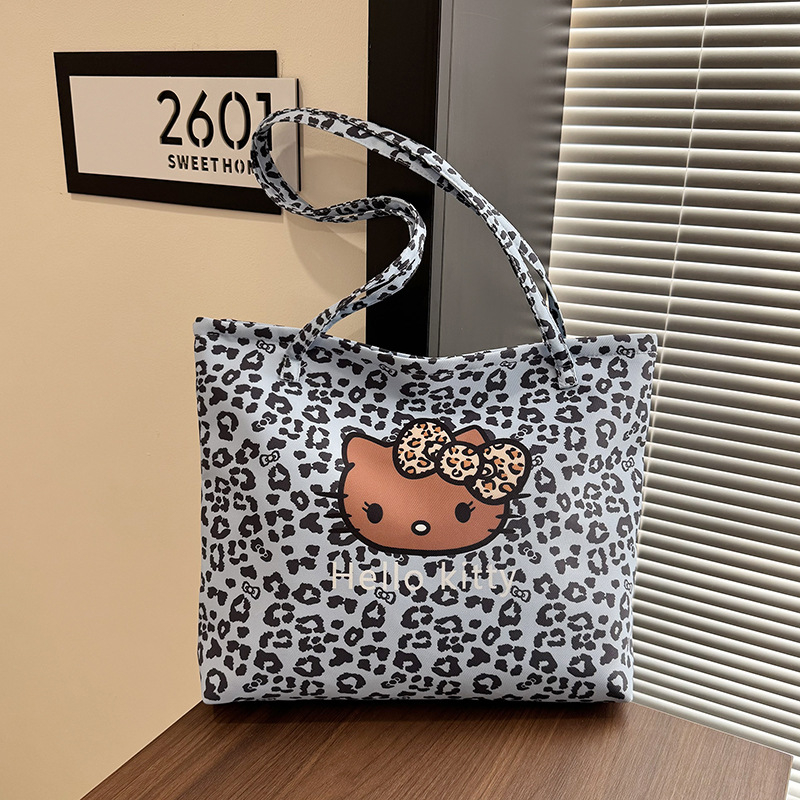 Platnena tote torba s prints mačkice i leopard uzorak, za rame, zatvarač, podstava od poliestera