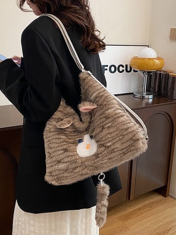 Плюшена Tote чанта за ежедневие, хоризонтална квадратна форма, цип за отваряне, вътрешни джобове: джоб с цип и джоб за мобилен телефон