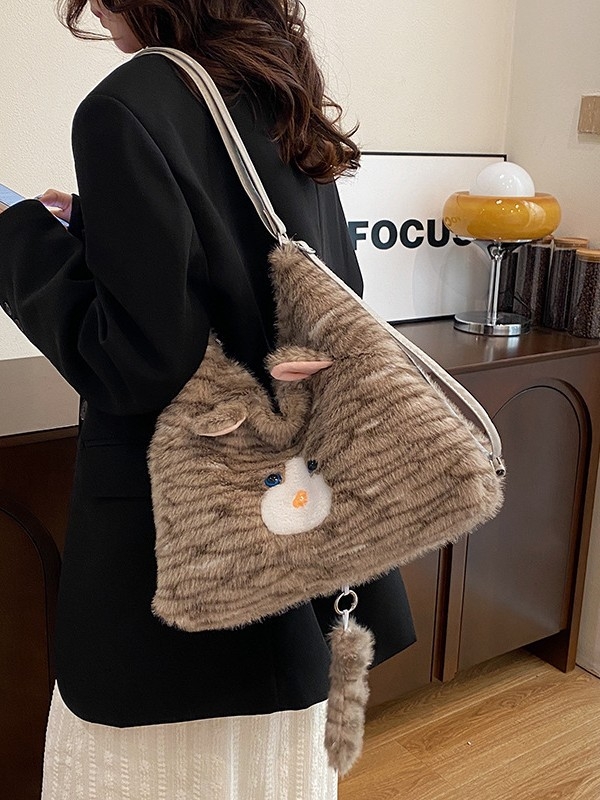 Плюшена Tote чанта за ежедневие, хоризонтална квадратна форма, цип за отваряне, вътрешни джобове: джоб с цип и джоб за мобилен телефон