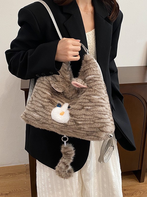 Плюшена Tote чанта за ежедневие, хоризонтална квадратна форма, цип за отваряне, вътрешни джобове: джоб с цип и джоб за мобилен телефон