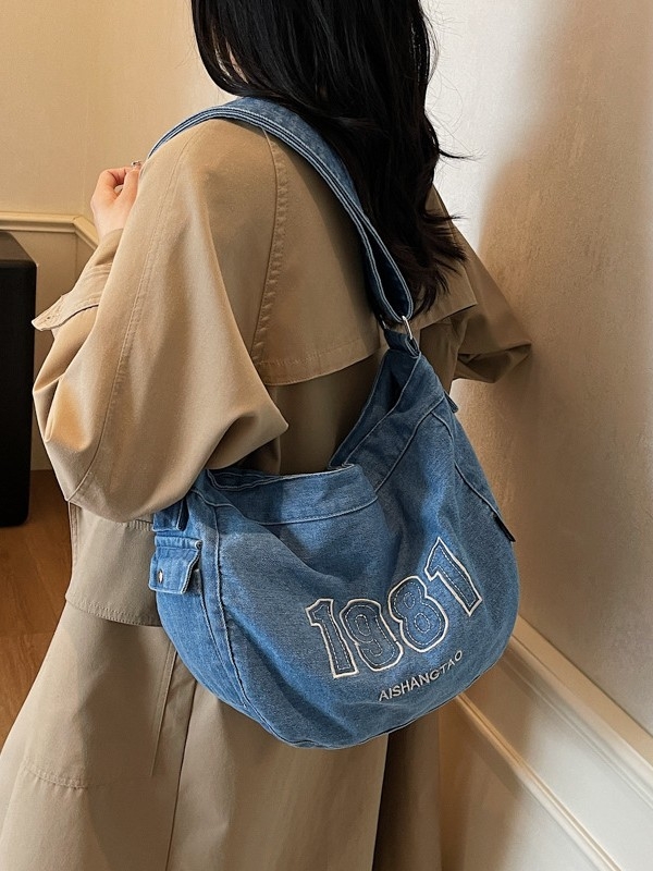 Denim torba za preko ramena, gradski stil, zatvarač, unutarnje pretince za telefon i dokumente, torba s poklopcem