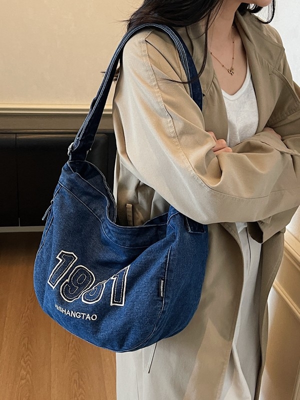 Denim torba za preko ramena, gradski stil, zatvarač, unutarnje pretince za telefon i dokumente, torba s poklopcem